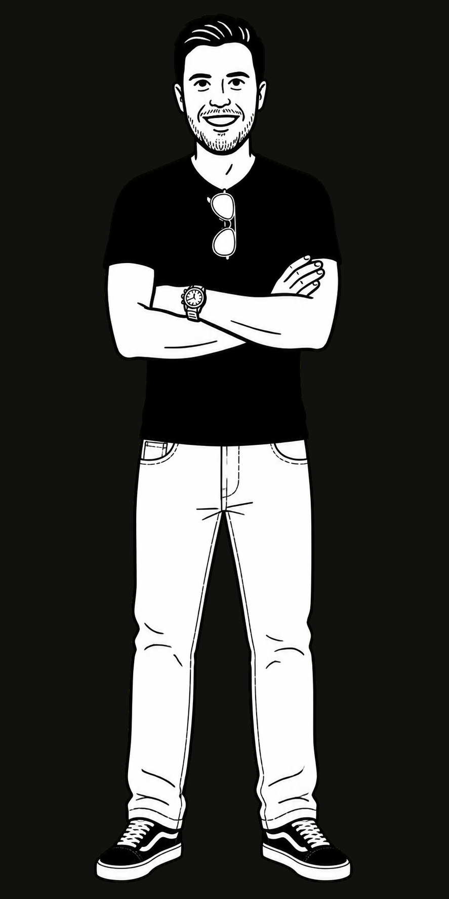 Illustrated portrait of Bruno Seixas wearing light jeans
